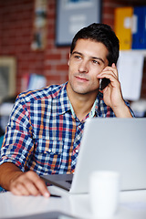 Image showing Laptop, phone call and man with startup, office and planning with connection and communication. Male person, consultant or agent with a smartphone, network and consultation with a project and talking