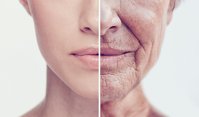 Image showing Comparison, old and young women faces in studio for skincare, wrinkles and anti aging care. Face, mouth and half closeup of different ladies with youth, fine lines or cosmetic results for skin change