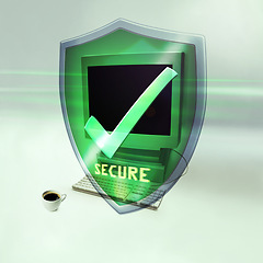 Image showing Shield, computer and check for cybersecurity, safe data or information on web by studio background. Pc, cyber security and programming with 3d holographic logo for malware, tech and virus protection