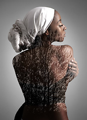 Image showing Double exposure, beauty and back of black woman body in studio for creative, mockup and cosmetics. Abstract, art and design with face of female model isolated on gray background for nature and trees