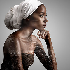 Image showing Thinking, beauty and double exposure with black woman in studio for profile, mockup and cosmetics. Abstract, art and overlay with face of female model isolated on gray background for nature and trees