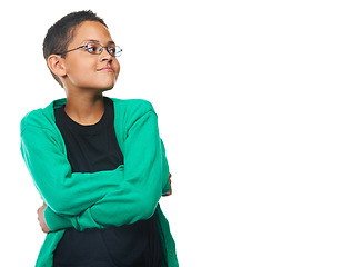 Image showing Space, arms crossed and casual with child in studio for thinking, learning and future. Cool, doubt and attitude with young person isolated on white background for idea, education and glasses mockup