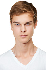 Image showing Fashion, serious and portrait of man in studio with confidence, attractive and pride on white background. Youth, confident and face of isolated handsome young male person with focused expression