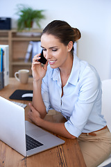 Image showing Phone call, happy woman and laptop in office for planning, consulting and communication. Female worker talking on smartphone at computer for networking, business administration and online management