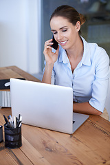 Image showing Phone call, business woman and laptop for networking, planning and communication. Happy female worker, smartphone and mobile consulting at computer for connection, digital contact and administration