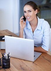 Image showing Phone call, portrait and woman at laptop for networking, business discussion and chat. Happy female worker, smartphone and mobile consulting at computer for connection, contact and digital management