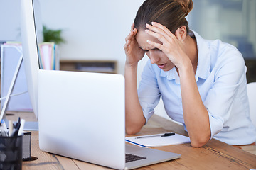 Image showing Business woman, laptop problem and headache in office for anxiety, crisis and 404 glitch. Stress, burnout and frustrated female employee worried at computer for mistake, online fail and tech disaster