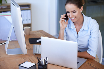 Image showing Phone call, office and woman at laptop for networking, business discussion and information. Happy female worker, communication and mobile consulting at computer, conversation and digital management