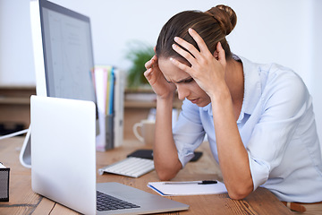 Image showing Headache, laptop problem and confused woman in office for anxiety, tax crisis and 404 pc glitch. Stress, burnout and frustrated female employee worried at computer for mistake, fail and tech disaster