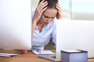 Image showing Headache, stress and problem of woman in office, laptop and brain fog for anxiety, depression and glitch. Burnout, mental health and sad female employee worried at computer for mistake, fail and risk