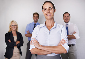 Image showing Portrait, happy woman and leadership of team, white background and isolated studio for professional business. Female manager, arms crossed and confident smile in corporate management, pride and trust