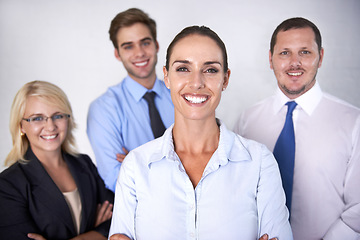 Image showing Portrait, happy woman and leadership of team, white background and isolated studio for professional business. Female manager, smile and confidence for corporate management, pride and trust about us