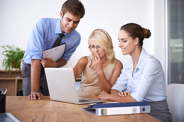 Image showing Business people, teamwork and planning on laptop in office for online project, research and decision making. Group of employees, computer and collaboration to review information, strategy or analysis