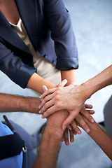 Image showing Above, hands and team of business people for support, solidarity and synergy of success, agreement and trust. Hand, stack and group cooperation of collaboration, mission and winning partnership goals