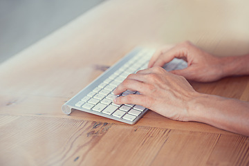 Image showing Hands of person, keyboard and typing on desk for digital research, website blog and internet planning. Closeup, fingers and computer buttons for online network, email and desktop technology at table