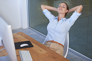 Image showing Happy business woman, stretching and relax for easy break, deadline achievement and office desk. Female worker, hands behind head and eyes closed to finish goals, productivity or dream of inspiration