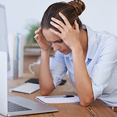 Image showing Headache, stress and confused woman in office with anxiety, tax crisis and laptop problem. Tired, burnout and frustrated female employee depressed with fatigue, pain and worried for business mistake