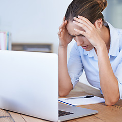 Image showing Headache, stress and business woman at laptop in office with anxiety, tax crisis and technology problem. Tired, burnout and female worker at computer with fatigue, pain and frustrated mistake online