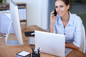 Image showing Phone call, thinking and happy woman at laptop in office for networking, business discussion and information. Female worker, communication and mobile consulting at computer, contact or planning ideas