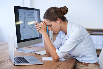 Image showing Frustrated woman, computer and stress for office data, stock market crash and financial crisis review. Worried female trader at desk, pc and anxiety of bankruptcy risk, business debt and poor economy