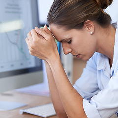 Image showing Frustrated woman, computer and stress in office for bankruptcy risk, stock market crash and financial crisis. Worried female worker with anxiety, business debt and depression for poor economy problem