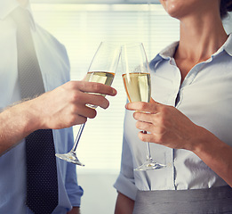 Image showing Closeup of business people, champagne and toast for celebration, staff party and event. Hands of man, woman and employees cheers with wine, drinking alcohol and glass to celebrate winning teamwork