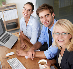 Image showing Portrait, happy collaboration and business people at desk, computer and office planning with pride. Group of employees, desktop and teamwork in company for professional management, project and smile