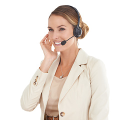 Image showing Call center, smile and headset with woman in studio for communication, contact us and customer service. Digital, technology and connection with female employee isolated on white background for mockup