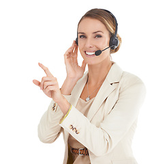 Image showing Call center, pointing and portrait of woman in studio for communication, contact us or customer service. Digital, technology or connection with female employee isolated on white background for mockup