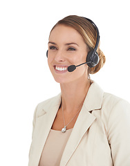 Image showing Call center, smile and consulting with woman in studio for communication, contact us and customer service. Digital, technology and crm with female employee isolated on white background for mockup