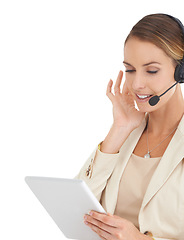 Image showing Call center, consulting and tablet of woman in studio for communication, contact us or customer service. Digital, technology or connection with female employee isolated on white background for mockup