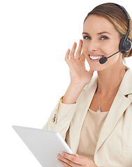 Image showing Call center, tablet and portrait of woman in studio for communication, contact us and customer service. Digital, technology and connection with female employee isolated on white background for mockup