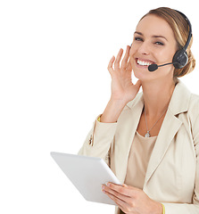 Image showing Call center, tablet and smile with portrait of woman in studio for communication, contact us or customer service. Digital, technology and advisor with employee isolated on white background for mockup