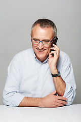 Image showing Senior business man, phone call and studio with happiness, smile and listening by gray background. Elderly guy, happy and excited face for contact, chat and smartphone for communication by backdrop