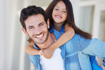 Image showing Piggyback portrait, father and happy child hug dad for fathers day, fun and enjoy quality family time together. Happiness, parenthood and kid smile, bond and embrace papa for care, childhood and love