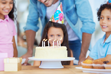 Image showing Birthday cake candles, kids party celebration and happy children, friends group or family celebrate childhood memory event. Candle flame, wish and youth kid excited for dessert, sweets or food