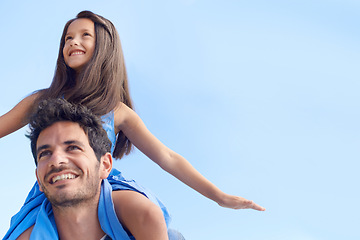 Image showing Blue sky, piggyback and happy family dad, kid or people looking at mockup, nature holiday or outdoor view. Fun shoulder ride, freedom and child bonding with dad on travel, vacation or relax walk