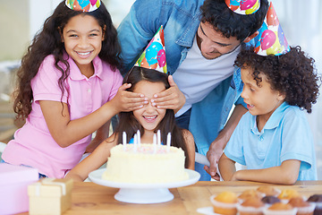 Image showing Birthday cake surprise, party or happy children excited for special event, dessert food or celebration snack. Wow, happiness and family father, friends or kids together, having fun and celebrate girl