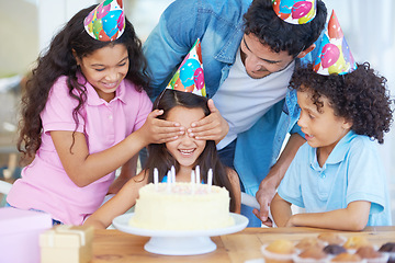 Image showing Birthday cake surprise, party or happy family kids excited for special event, dessert food or celebration snack. Eyes covered, excitement and fun friends, dad and group of children smile for girl