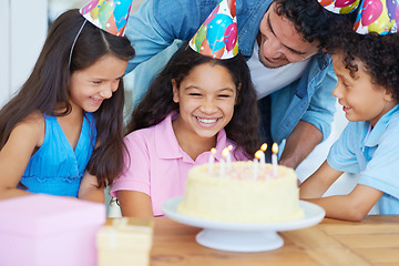 Image showing Birthday party cake, father and happy kids celebrate special event with friends, family and surprise dessert food. Fun celebration, congratulations and children excited for youth growth of young girl