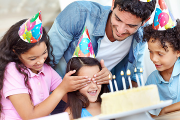 Image showing Birthday party surprise, cake and happy family, children and celebrate special event with friends, kids and dessert food. Celebration, father and excited group smile for youth growth of young child