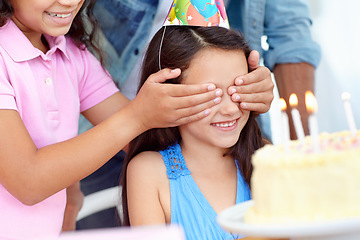 Image showing Birthday party surprise, cake and happy children celebrate special event with friends, kids and dessert food. Wow celebration, childhood and excited smile for youth growth, young child or kid girl