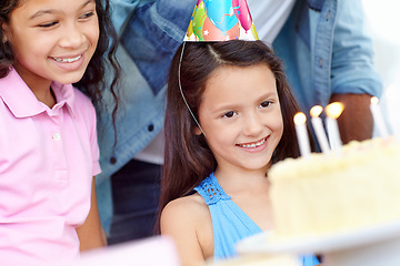 Image showing Birthday cake, kids party celebration and happy children, friends or people celebrate childhood memory event. Congratulations, happiness and excited child smile for dessert, sweets or food