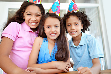 Image showing Birthday party portrait, happy celebration and children smile for special events, childhood friends or kids celebrating. Excited, happiness and youth group, young child or kid at fun friendship event