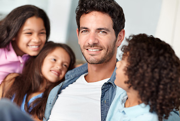 Image showing Happy family love, dad portrait and kids bonding, relax and enjoy quality time together with father at home. Happiness, parenthood and youth children smile for fathers day with papa on lounge couch