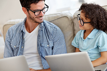 Image showing Laptop, relax and happy family dad, kid or home people smile for e learning, care or father helping son with child development. Elearning, remote online education and man enjoy bonding time with kid