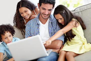 Image showing Laptop, pointing and happy family father, children or people gesture at online website, social network video or meme. Smile, love and group of kids with papa streaming home subscription movie