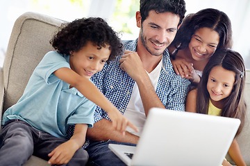 Image showing Laptop, watch and happy family father, children or people point at online shopping choice, social media video or meme. Happiness, love and group of kids with dad streaming movie in home living room