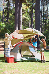 Image showing Children, tent and camping setup in forest for shelter, cover together on the grass in nature. Happy kids in teamwork setting up tents for camp adventure or holiday vacation in the woods