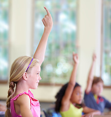 Image showing Education, children and classroom or raise hands on school desk or excited kids for test and learning on bokeh. Knowledge, study and table for asking or exam answer or growth and child development